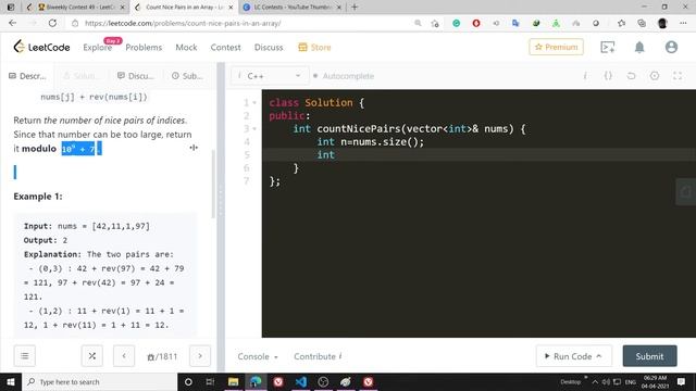 LeetCode 1814. Count Nice Pairs in an Array | Medium | ? Biweekly Contest 49 | Algorithm Explained смотреть онлайн