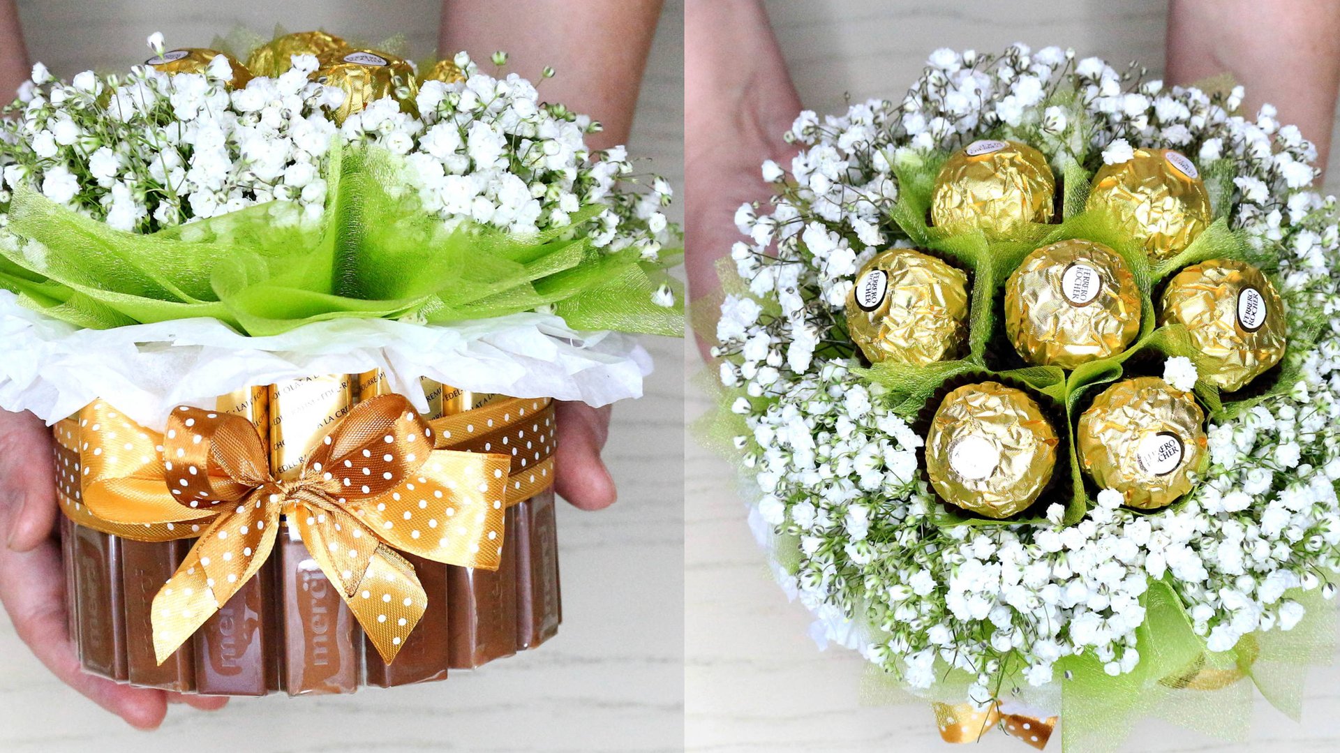 Букет из конфет с Ферреро роше и гипсофилой своими руками смотреть онлайн