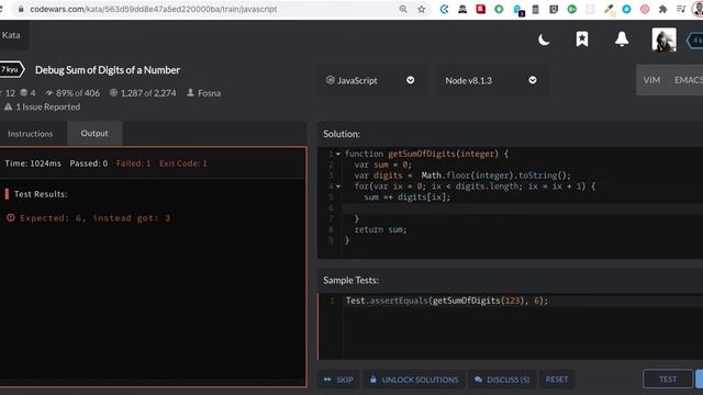 Debug Sum of Digits of a Number | 7kyu codewars | Javascript смотреть онлайн