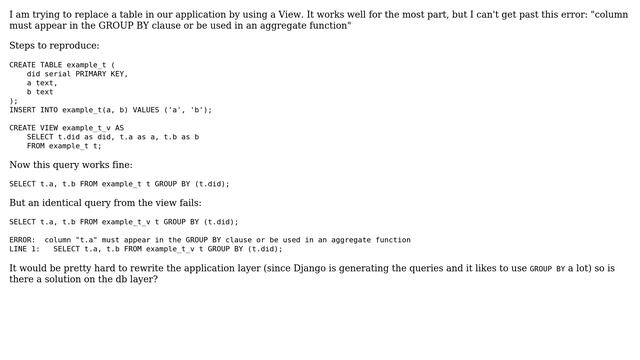 Postgres cannot simulate table with a view: column must appear in the GROUP BY clause смотреть онлайн
