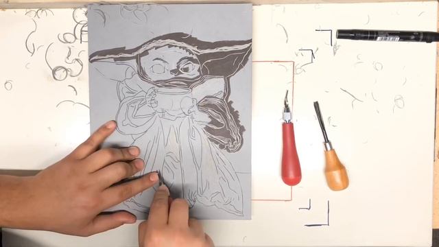 Printmaking: Baby Yoda - The Mandalorian Linoleum Block Printing.