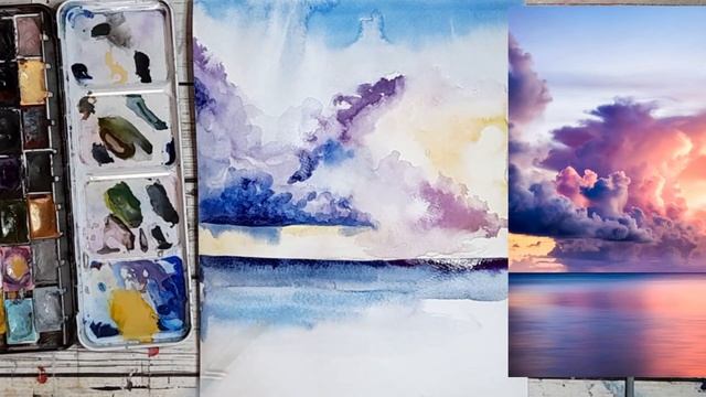 Акварель | Рисую море, облака| Палитра в акварели | Мой подбор цветов. смотреть онлайн