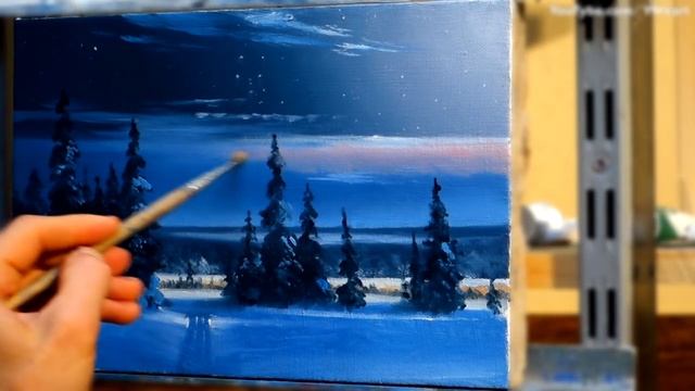Acrylic Landscape Painting - Night Winter / Easy Art / Зимний пейзаж акрилом Урок рисования Живопис смотреть онлайн