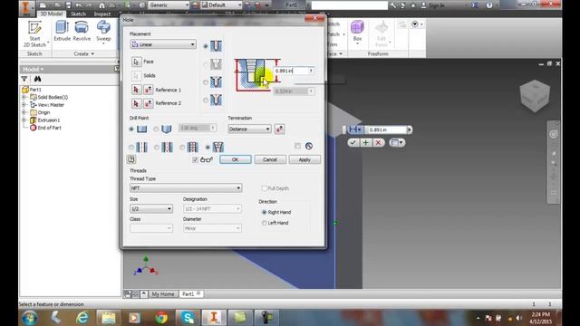 Inventor 06-13 Creating Holes Taper Tapped Hole смотреть онлайн