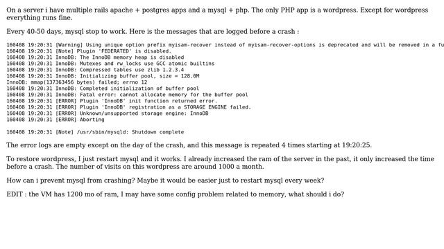 DevOps & SysAdmins: Wordpress + PHP+ apache +mysql, mysql crash every 1/ month смотреть онлайн