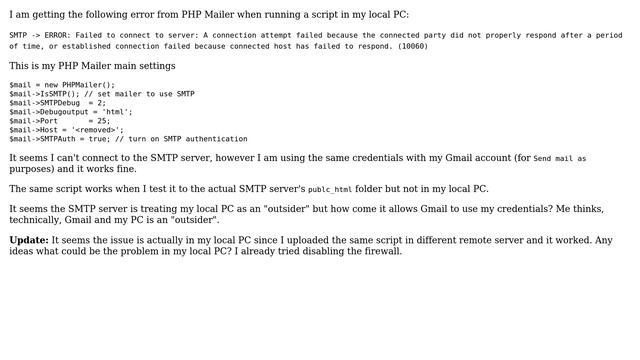 Can't connect to SMTP server using PHP Mailer but can with Gmail? смотреть онлайн