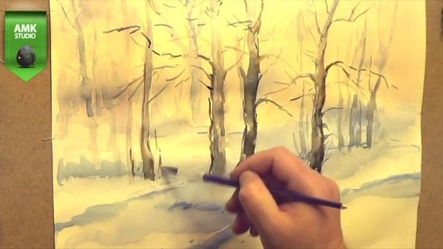 Как научиться рисовать_зимний пейзаж, акварель,А.Кулагин. смотреть онлайн