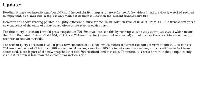 Databases: MVCC in PostgreSQL: visible tuple with xmin ＞ current txid (2 Solutions!!) смотреть онлайн