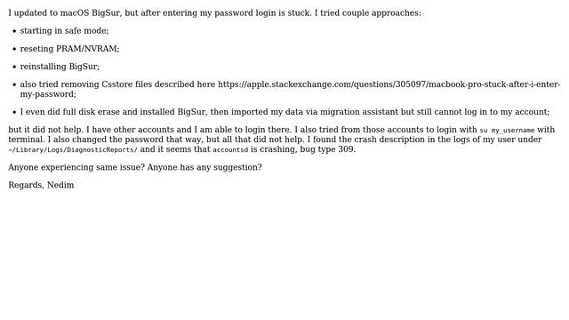Apple: Login Screen Stuck After Entering Password After BigSur Update