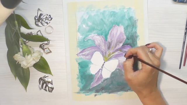 Как рисовать лилию с бабочкой акрилом или гуашью смотреть онлайн