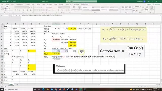 Portfolio variance-covariance matrix, return, and standard deviation for 3 securities on Excel. смотреть онлайн