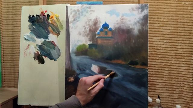 Как рисовать мокрую дорогу после дождя,грязь,церковь|рисуем осенний пейзаж #живопись #art #рисуем смотреть онлайн