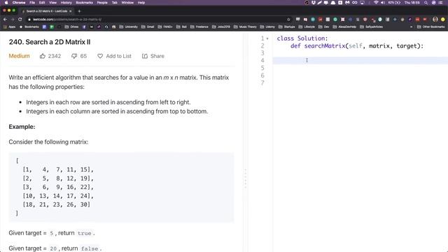 Search a 2D Matrix II. Coding Interview. (Leetcode - Python) смотреть онлайн