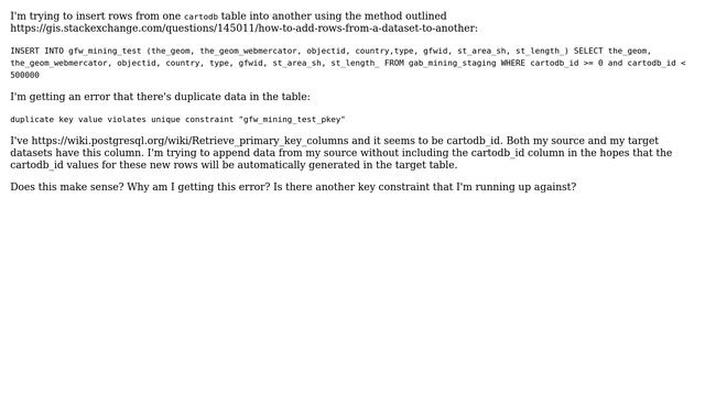 GIS: Appending to a cartodb table - duplicate key value violates unique key constraint смотреть онлайн