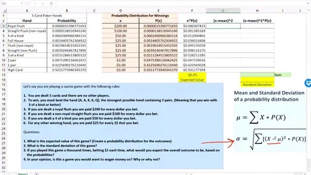 Mean and Standard Deviation of a Probability Distribution using Excel (Poker Hands) смотреть онлайн