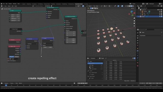 Repel and look at target effect using geometry nodes [BLENDER 3.0] смотреть онлайн