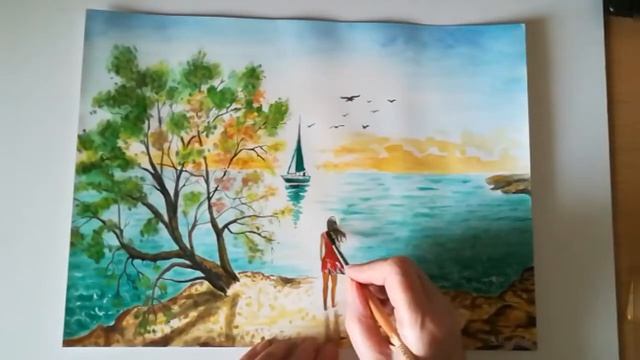 Ein Mädchen am Strand malen. Altes Aquarellbild aktualisieren. Рисовать море акварелью. смотреть онлайн