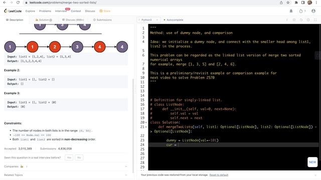 leetcode 21. Merge Two Sorted Lists two-pointer method revisit смотреть онлайн