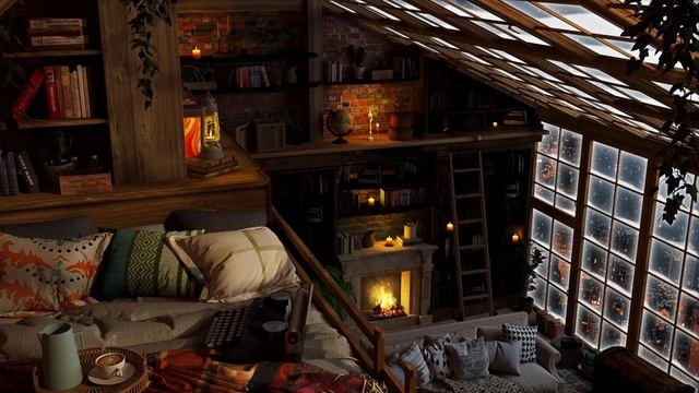 Cozy Winter Attic With Fireplace | Heavy Wind & Blizzard Sounds