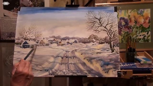 Пейзаж акварелью . Зимняя дорога. Часть 2 (завершение)