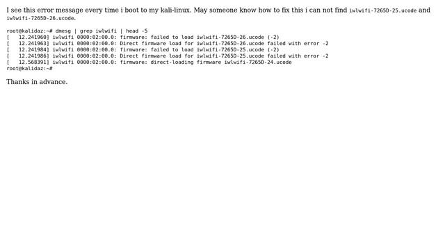 iwlwifi 7265d-25.u and -26.u missing (kali linux)(firmware) смотреть онлайн