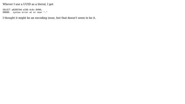 Databases: PostgreSQL UUID Literal: ERROR: syntax error at or near смотреть онлайн