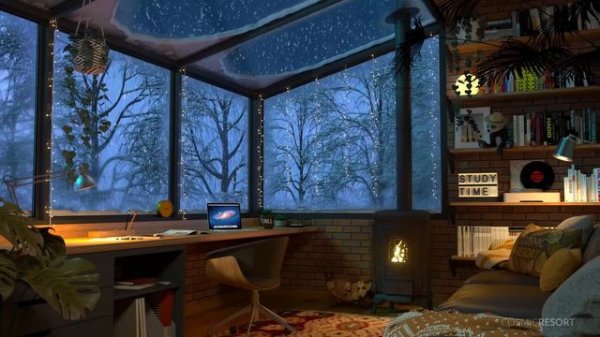 Study Room in Winter with Relaxing Snow and Fireplace Sounds