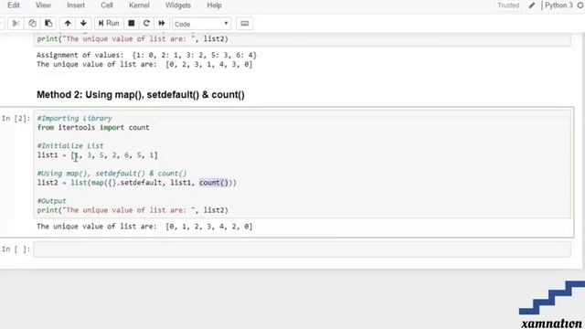 Assign value to unique number in list-using map(), setdefault()& count() смотреть онлайн