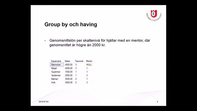 Aggregatfunktioner, group by och having - Föreläsning 13 (SQL) смотреть онлайн