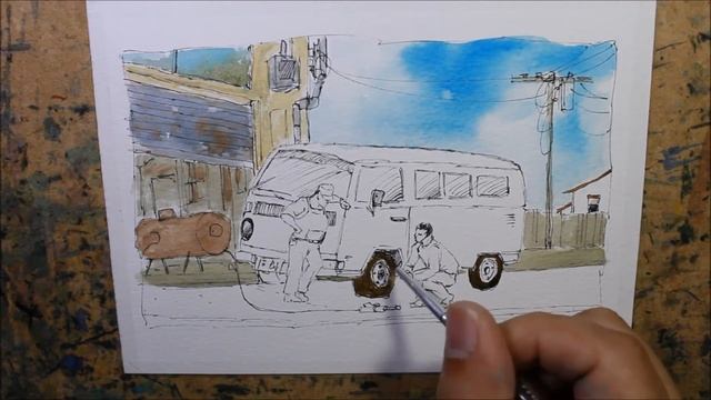 Line and Wash Kombi in mechanical garage,urban sketch style,easy watercolor painting By Nil Rocha смотреть онлайн