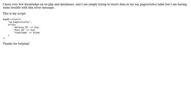 Wordpress: $wpdb error (Call to a member function insert() on a non-object) смотреть онлайн