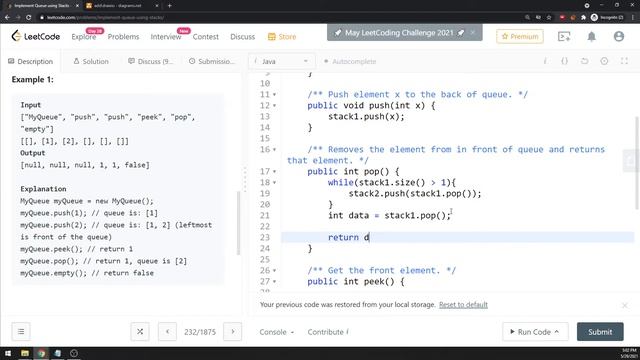 LeetCode 232 | Implement Queue using Stacks | Stacks | Java смотреть онлайн