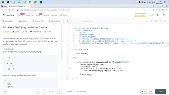 Разбор задачи 103 leetcode.com Binary Tree Zigzag Level Order Traversal. Решение на C++ смотреть онлайн