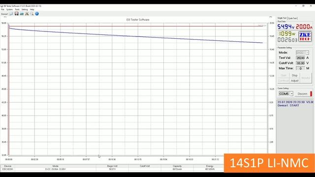Тест емкости с графиком разряда элементов LiNMC 60Ач в сборке 14s1p смотреть онлайн