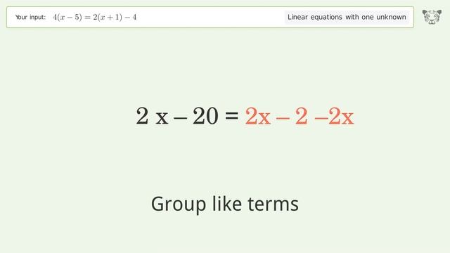 Linear equation with one unknown: Solve 4(x-5)=2(x+1)-4 step-by-step solution смотреть онлайн