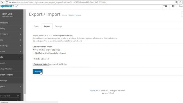Модуль Export Import под OpenCart 2.0.0.0. Видео по использованию. смотреть онлайн