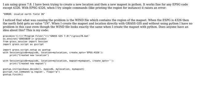 GIS: Creating new mapset with Python and EPSG 4326 (Invalid north field 1N) смотреть онлайн