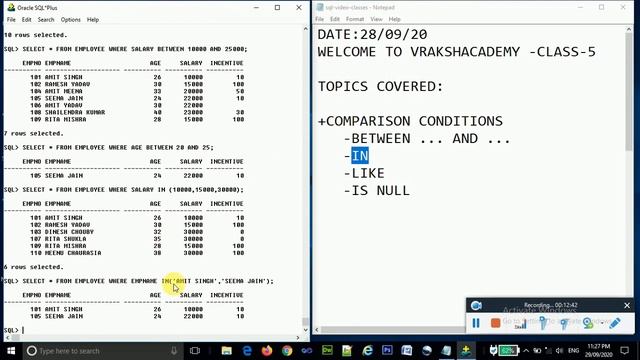 Use of Between..And, Like, IN, IS NULL in SQL SELECT Command Using ORACLE 10g Part -5 | vrakshcadem смотреть онлайн