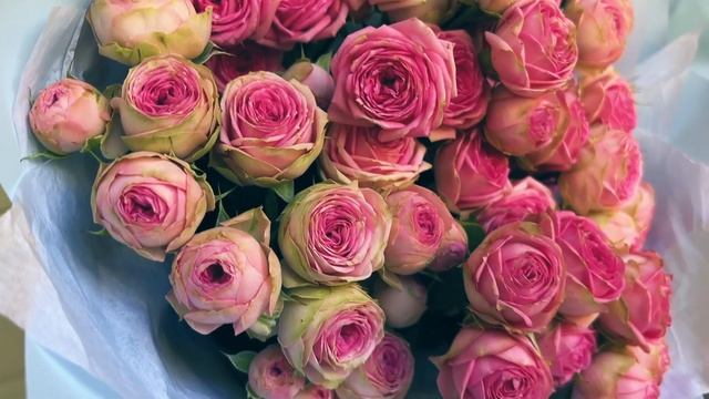 Букет из 9 розовых кустовых пионовидных роз 60 см (Россия) смотреть онлайн