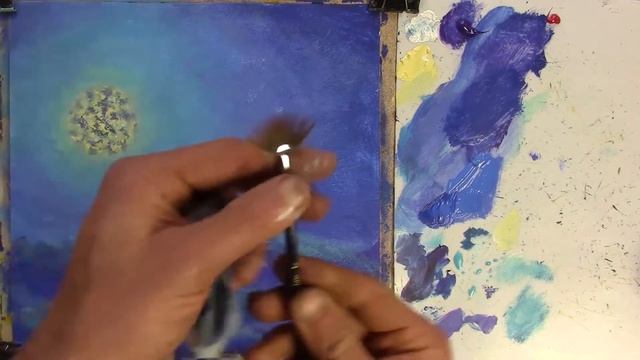 Как нарисовать Ночные снежные елки и большую луну - Новогодняя картина акрилом. Техники рисования. смотреть онлайн