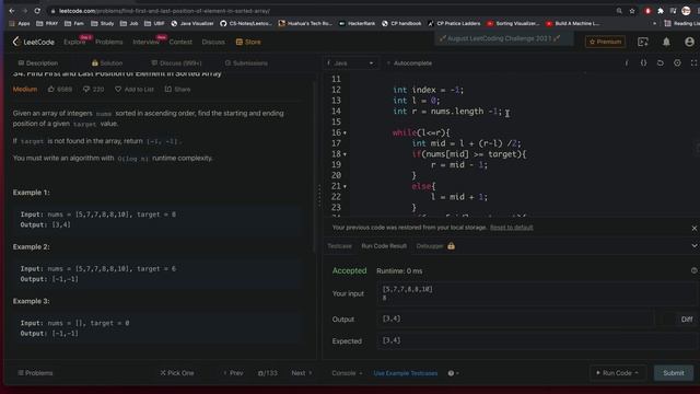 LeetCode34.Find First and Last Position of Element in Sorted Array - Java O(logn) - Day 11 смотреть онлайн