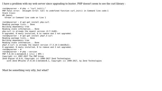 php-curl and php7.3-curl installed but curl_init() is "undefined function" (Debian buster) смотреть онлайн