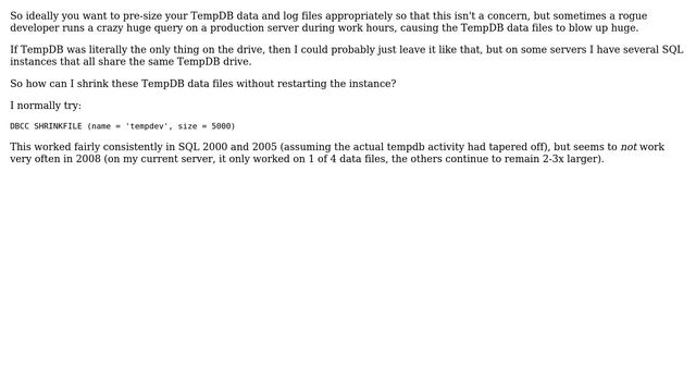 Databases: TempDB data files don't shrink well on SQL 2008 смотреть онлайн