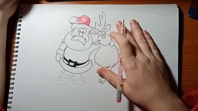 Забавный рисунок Деда Мороза и оленя. смотреть онлайн