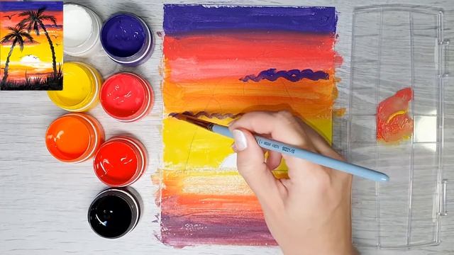 Рисунок гуашью для начинающих. Рисунок море и пальмы на закате. Подробно пошагово. смотреть онлайн
