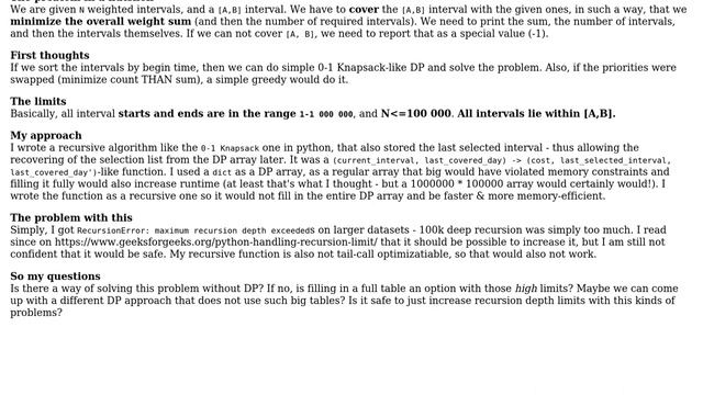 Computer Science: Cover interval with minimum sum intervals - DP recursion depth problem смотреть онлайн
