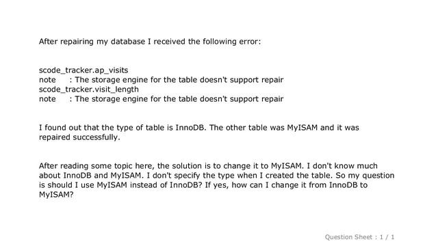 MySQL : The storage engine for the table doesn't support repair. InnoDB or MyISAM? смотреть онлайн
