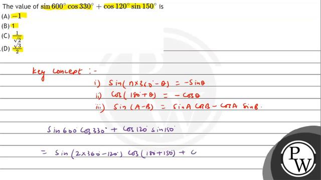 The value of \( \sin 600^{\circ} \cos 330^{\circ}+\cos 120^{\circ} ... смотреть онлайн