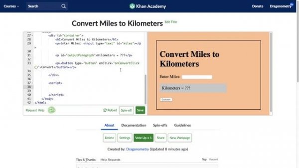 Miles to Kilometers with HTML/JS on Khan Academy