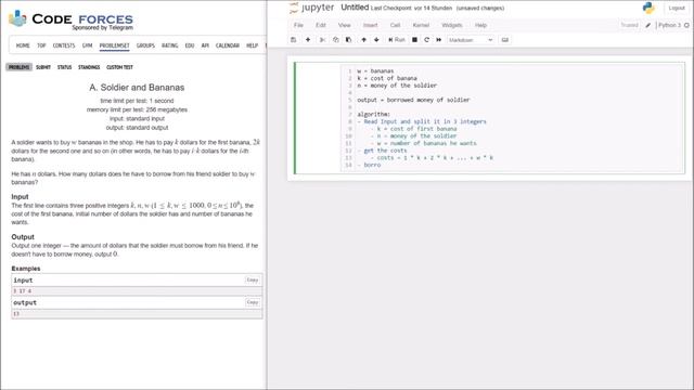 Solving problems on codeforces.com with Python - "546A - Soldier and Bananas" смотреть онлайн
